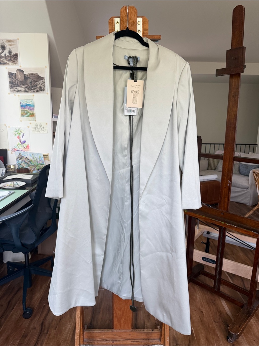 ANTONIO MELANI Light green/cream Long Open Front Trench Coat